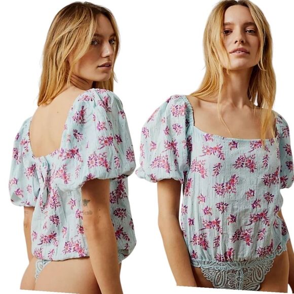 Free People Crinkle Square Neck Blouse Bodysuit 'ANGELA' in Mint Size m - Picture 13 of 16